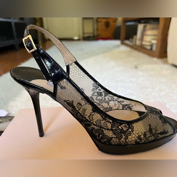 Jimmy Choo Nova 100mm Black Floral Lace Mesh Slingback Peep Toe Sandal Heels 38 - Picture 9 of 12